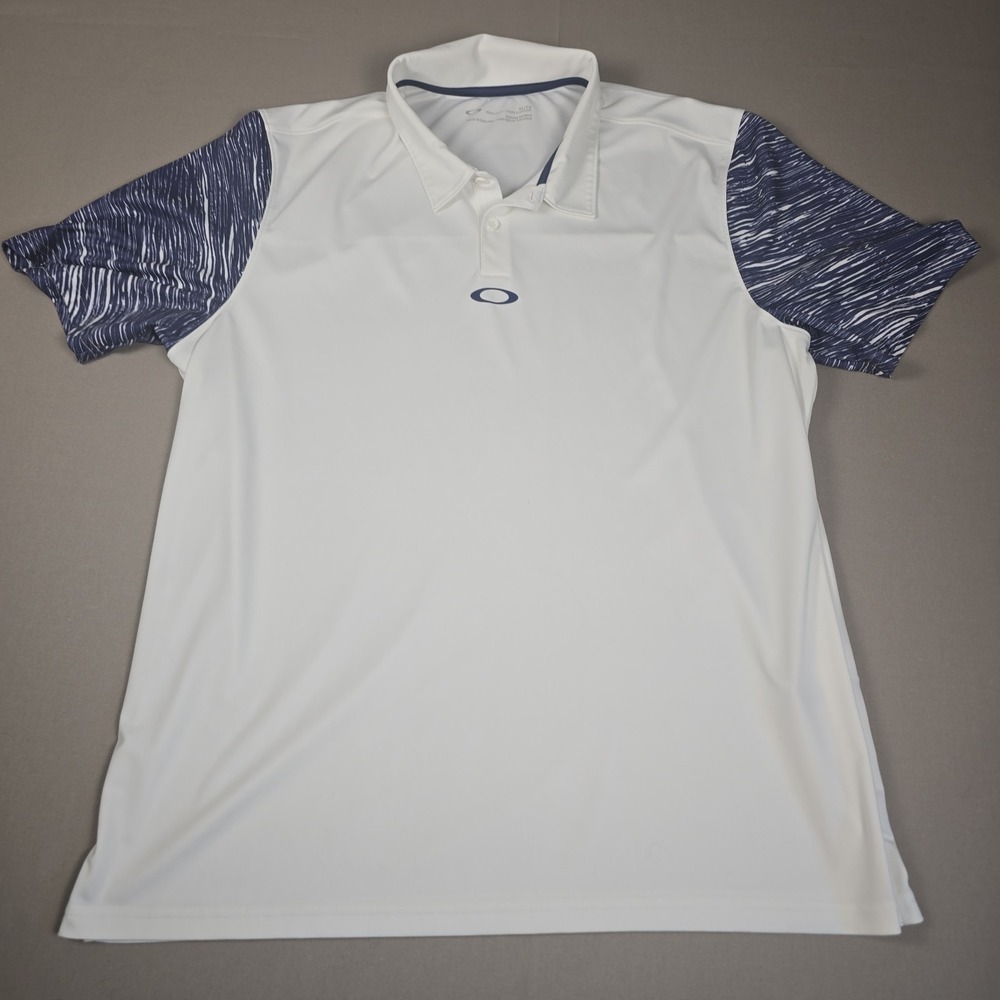 Oakley Aero Motion Golf Polo Shirt Men's XL White Blue Patterned Sleeves